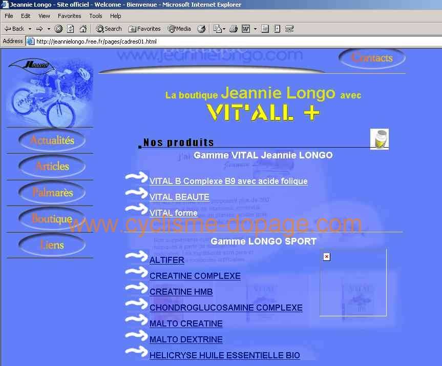 Copie d'écran du site de Jeannie Longo le 5 mai 2004